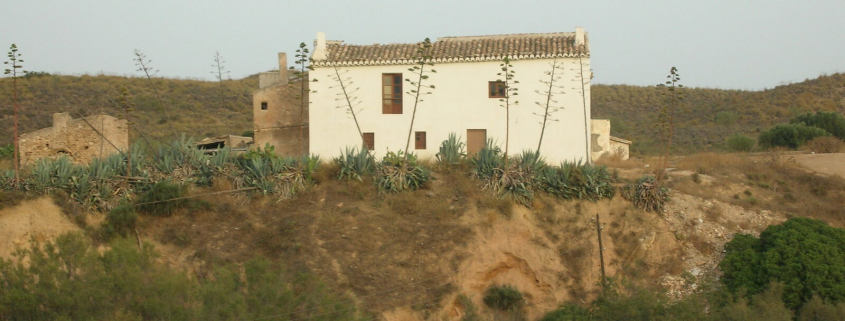 Cortijo blanco andaluz rodeado de pitas, un ejemplo de vivienda de campo que se puede convertir en alojamiento rural